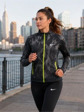 Nike Black Camo Print Jacket with Neon Yellow Trim, Size S